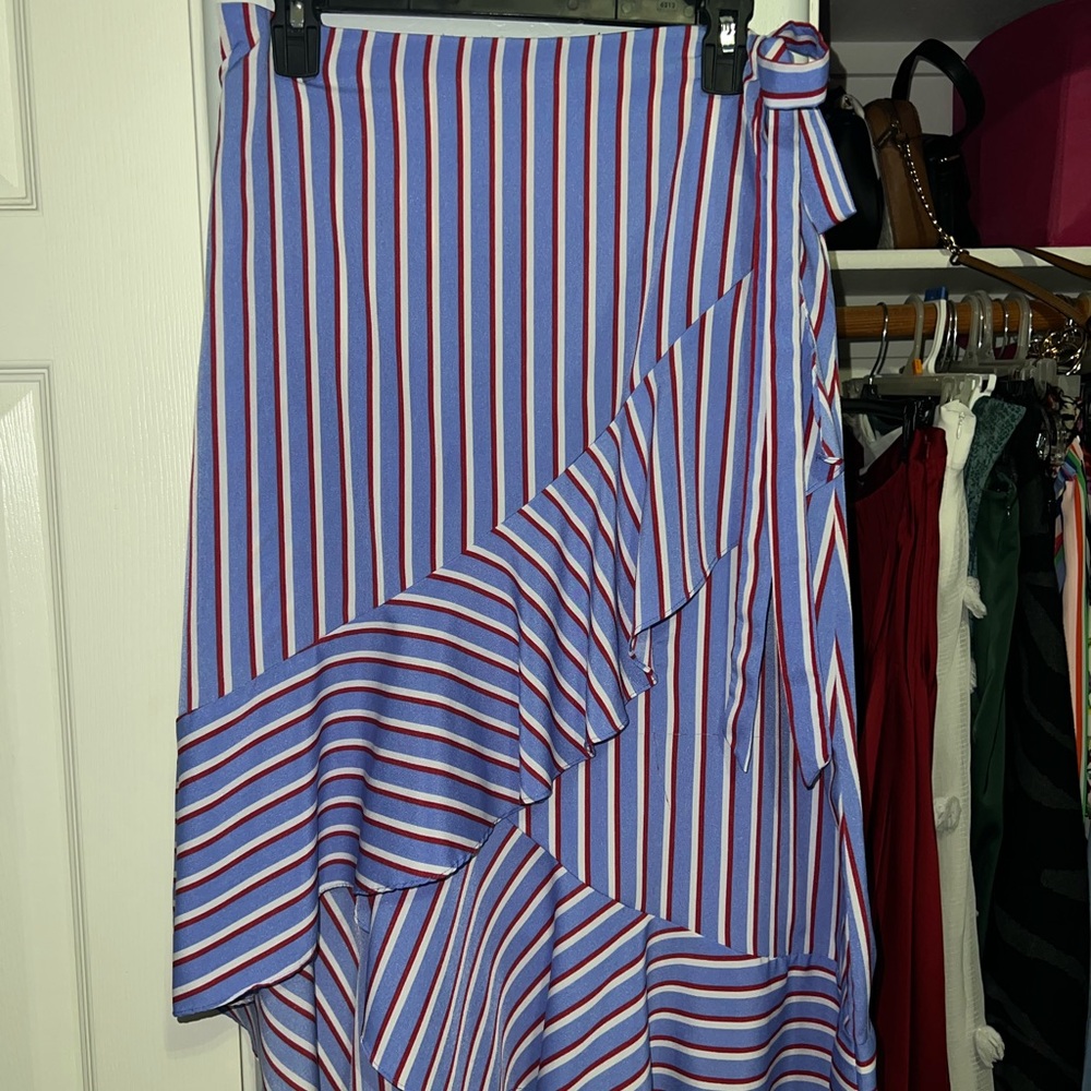 Elegant Striped Blue and Red Midi Skirt